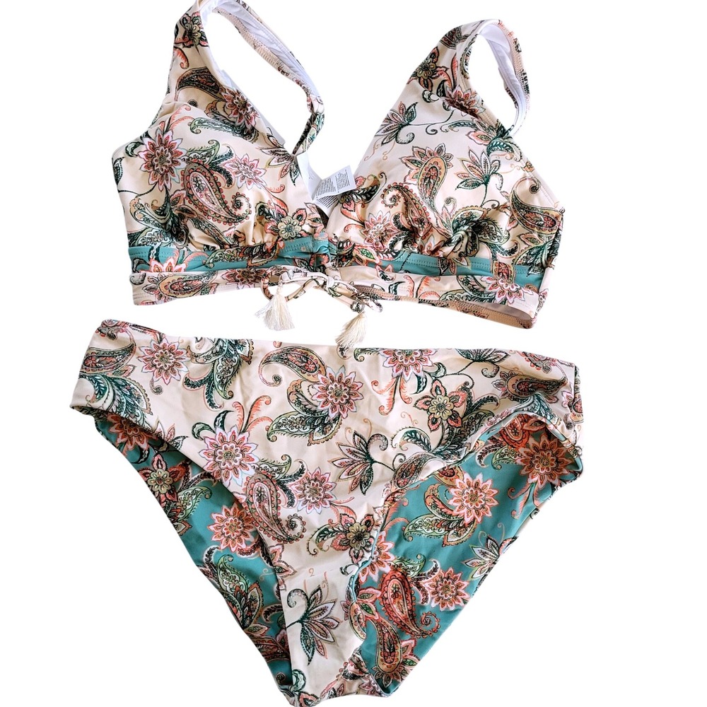 Cupshe Womens Large Floral Paisley Bikini Set High Waisted‎ Tassel V-Neck NWT